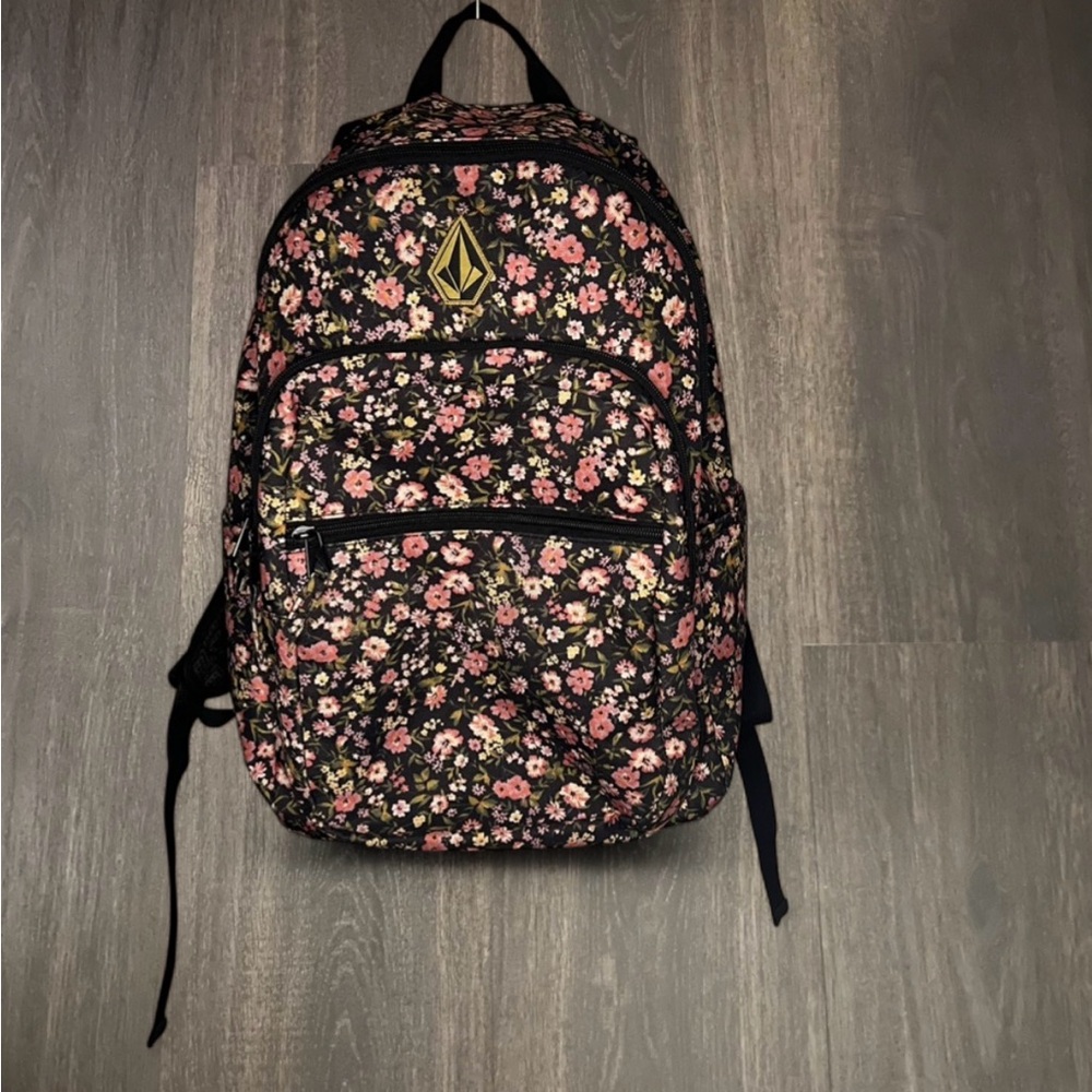 Volcom Floral Backpack Black Pink Print Multi Pocket NWOT